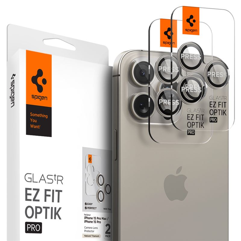 Ochranné sklo pro iPhone Spigen Glass tR EZ Fit Optik Pro 2 Pack, iPhone 17/16/15 Pro / 17/16/15 Pro Max - titanová