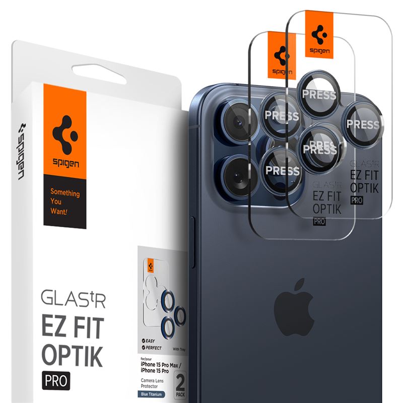Ochranné sklo na objektiv pro iPhone Spigen Glass tR EZ Fit Optik Pro 2 Pack, iPhone 17/16/15 Pro / 17/16/15 Pro Max - modrá