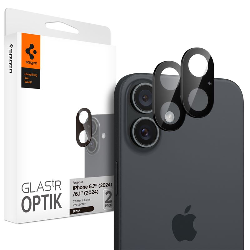 Ochranná fólie na objektiv pro iPhone Spigen Glass tR Optik 2 Pack, iPhone 16/16 Plus - černá