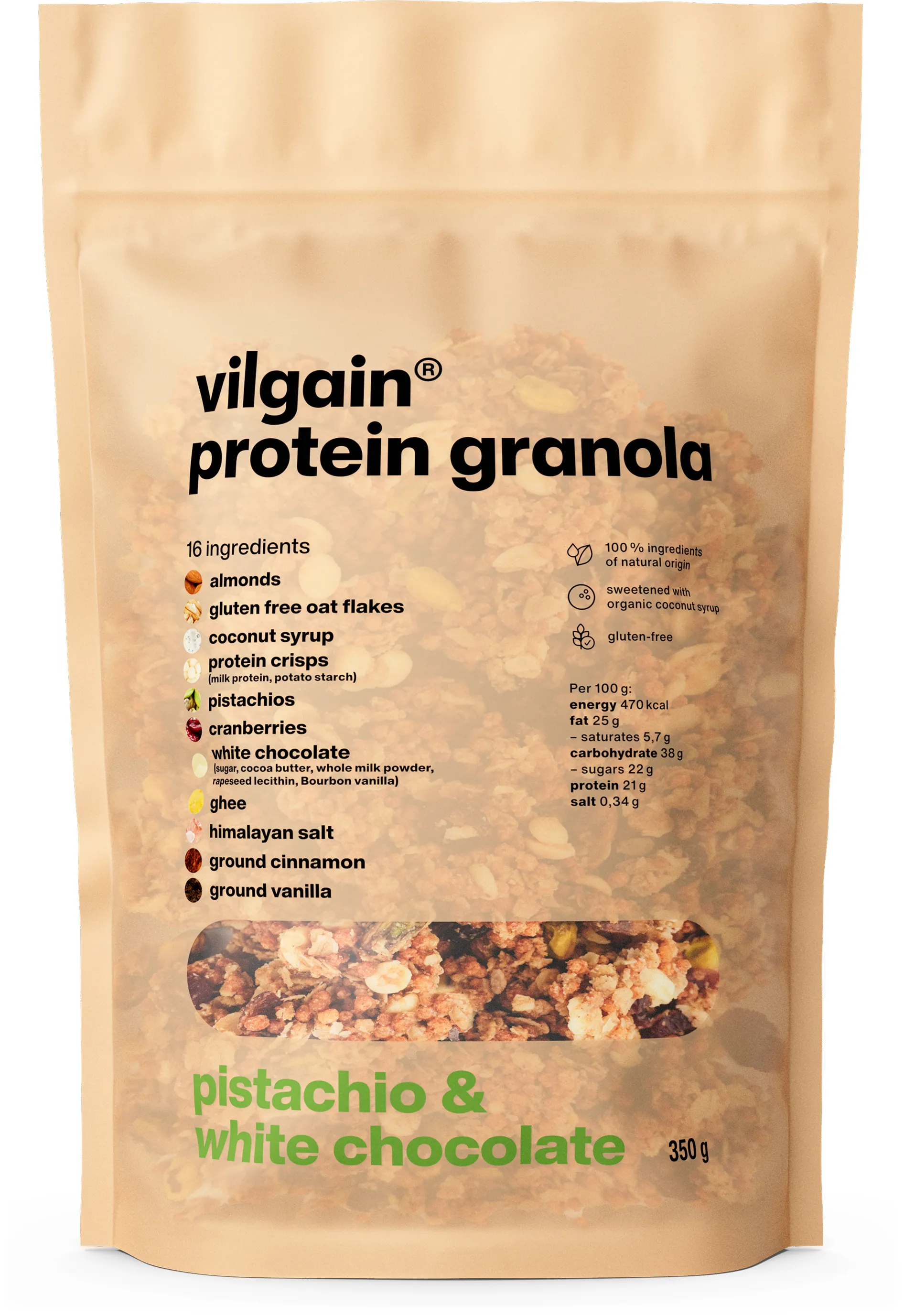 Vilgain Protein Granola Pistácie, bílá čokoláda a brusinky 350 g