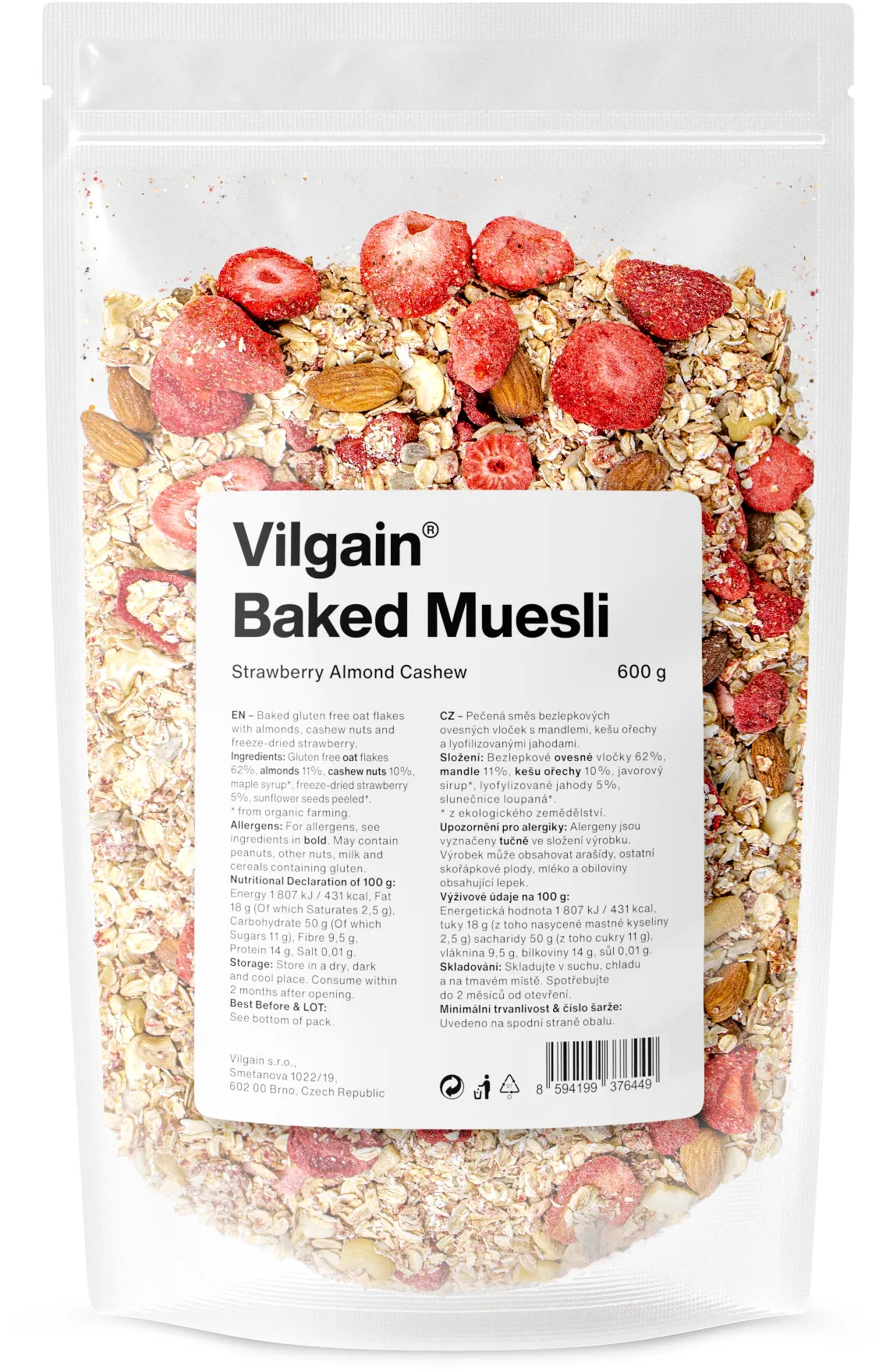 Vilgain Pečené müsli jahody, mandle & kešu 600 g