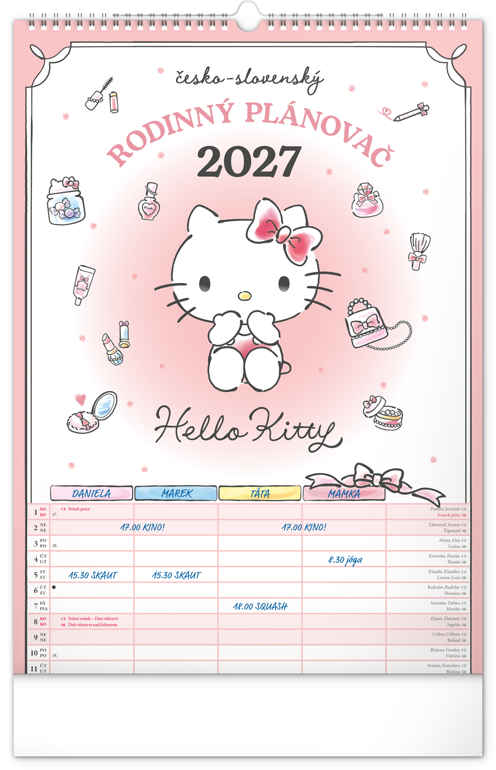 Nástěnný kalendář Rodinný plánovací Hello Kitty XL 2027, 33x46 cm