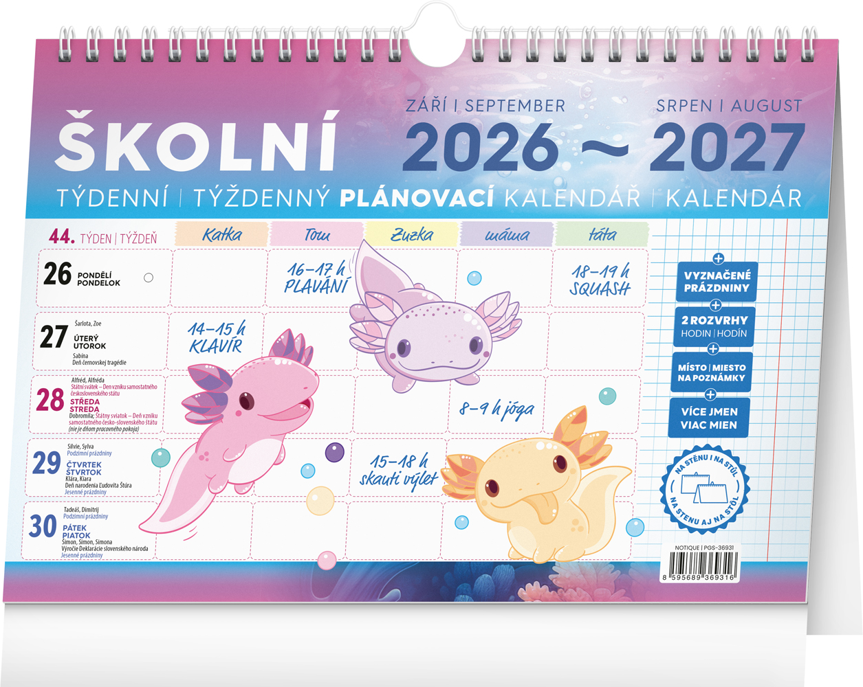 Školní plánovací kalendář s háčkem 2027, 30x21 cm