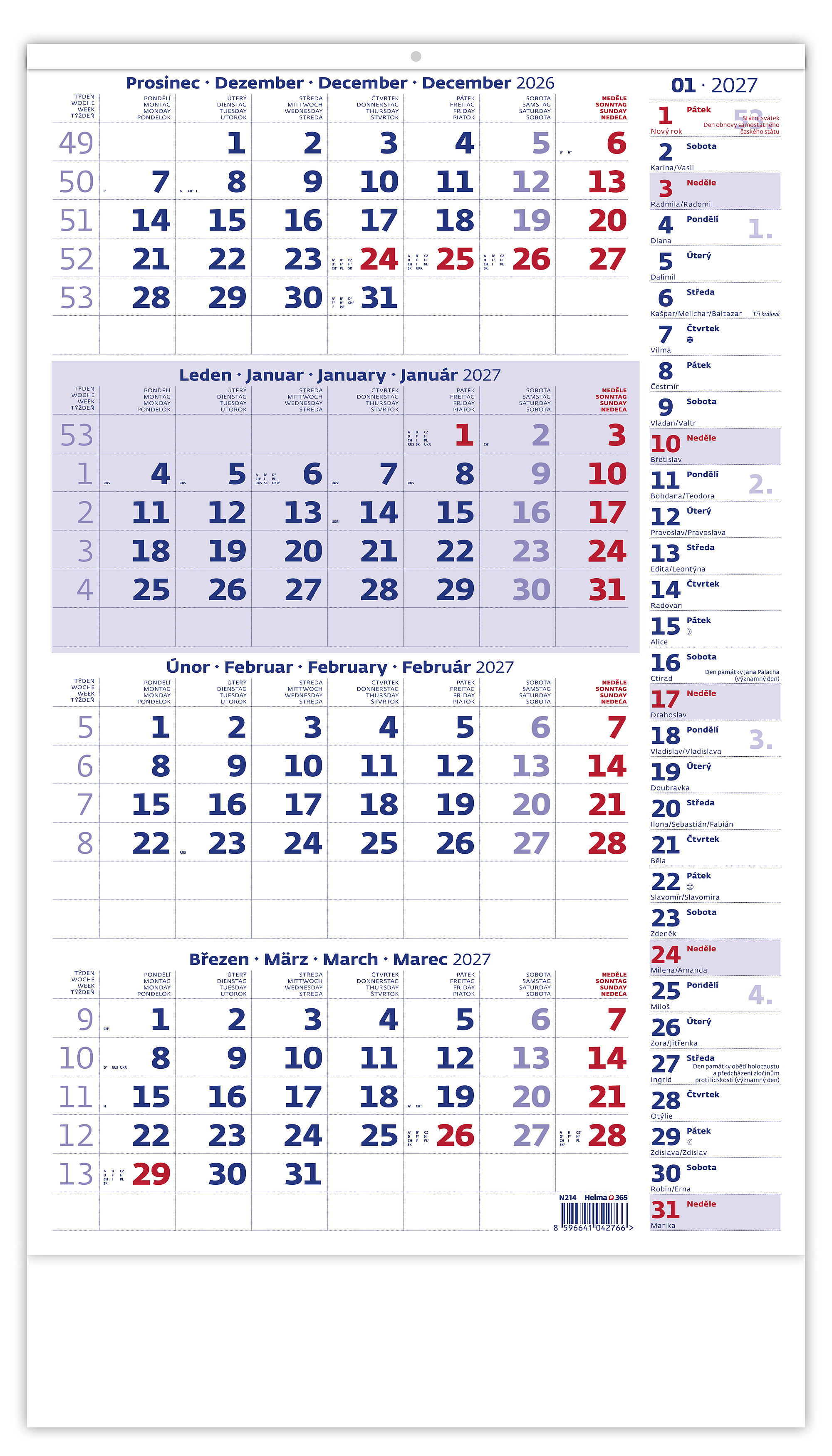 Čtyřměsíční nástěnný kalendář s poznámkami 2027, modrá