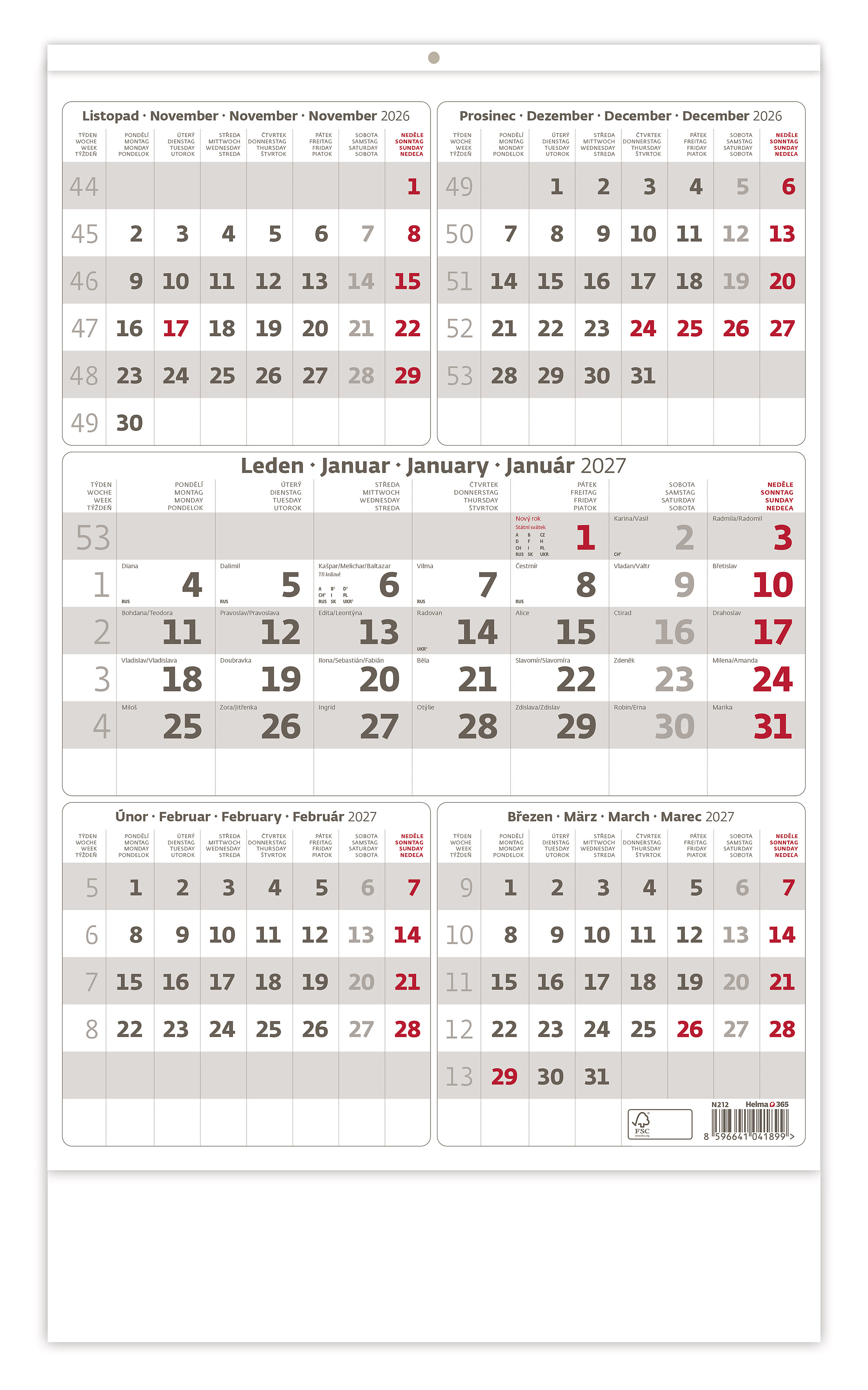 Pětiměsíční nástěnný kalendář 2027, šedá