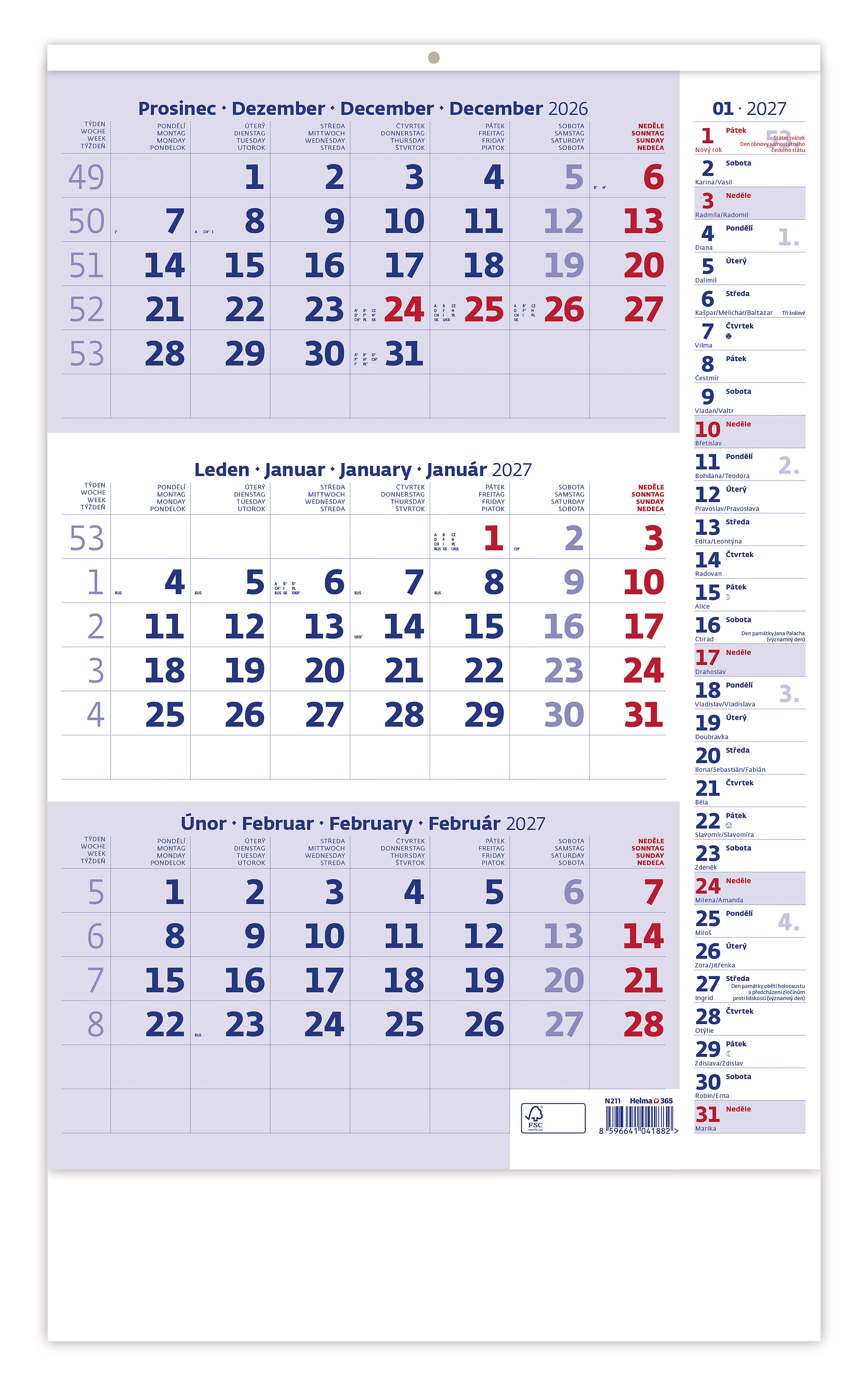 Tříměsíční nástěnný kalendář s poznámkami 2027, modrá