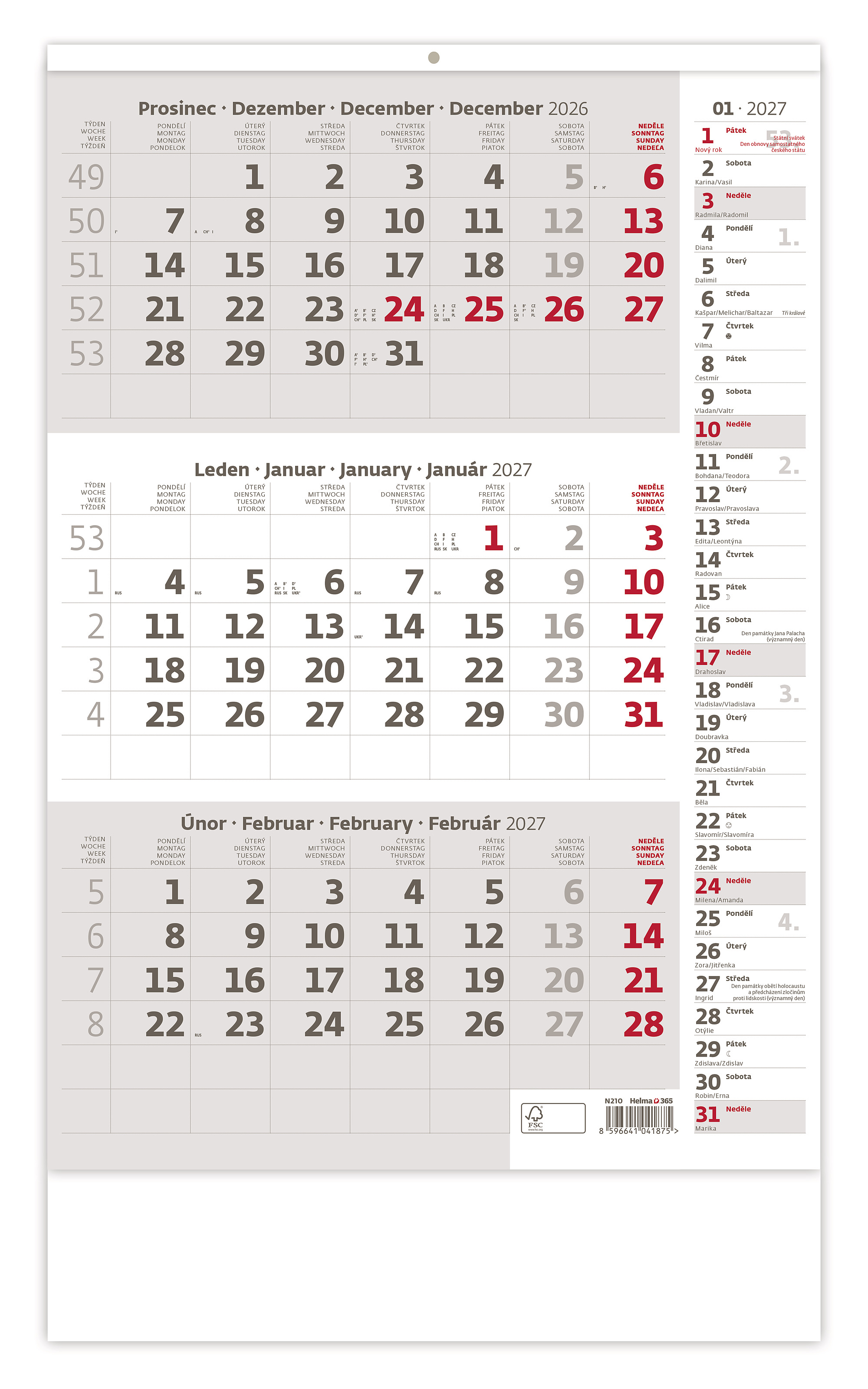 Tříměsíční nástěnný kalendář s poznámkami 2027, šedá