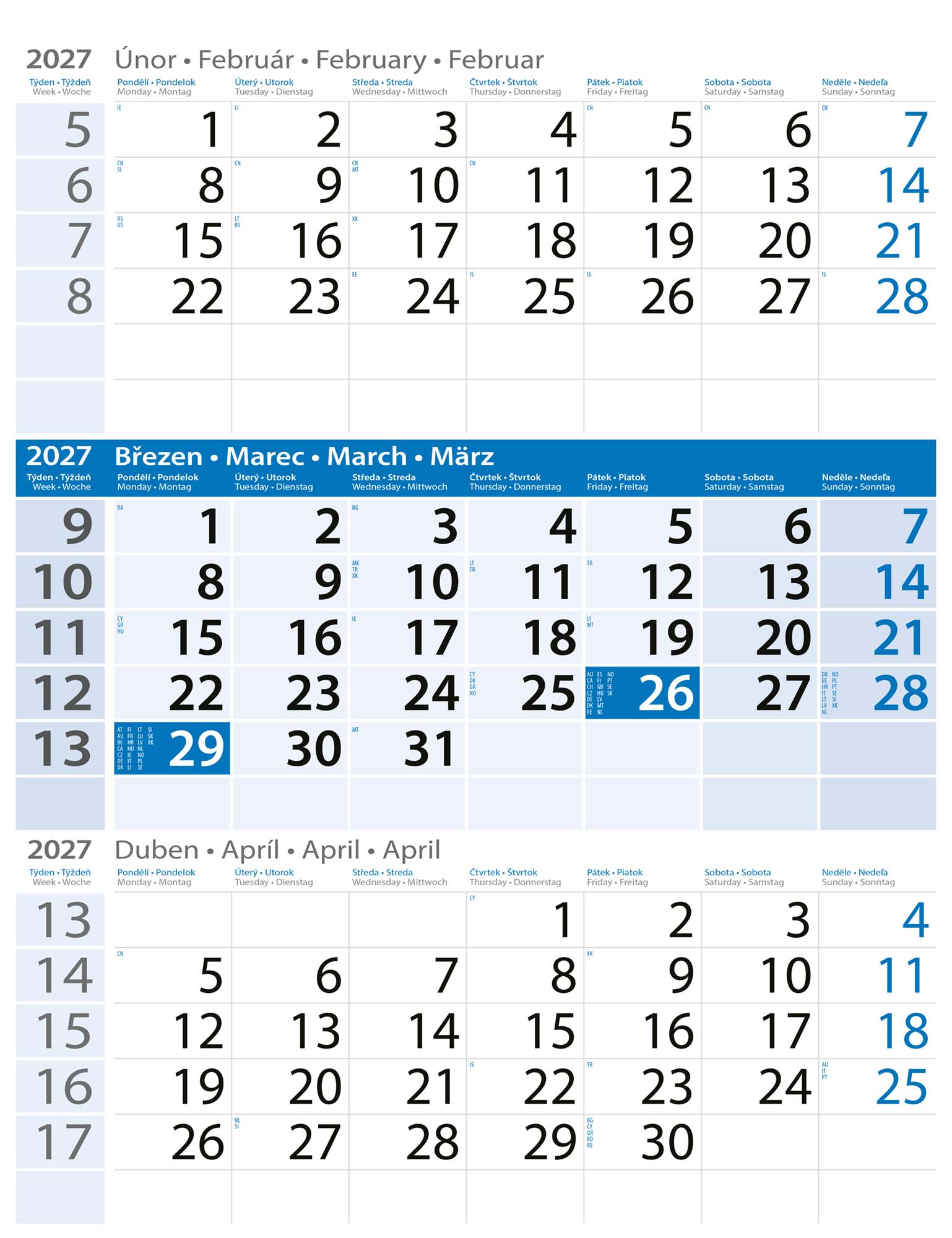 Tříměsíční nástěnný kalendář 2027