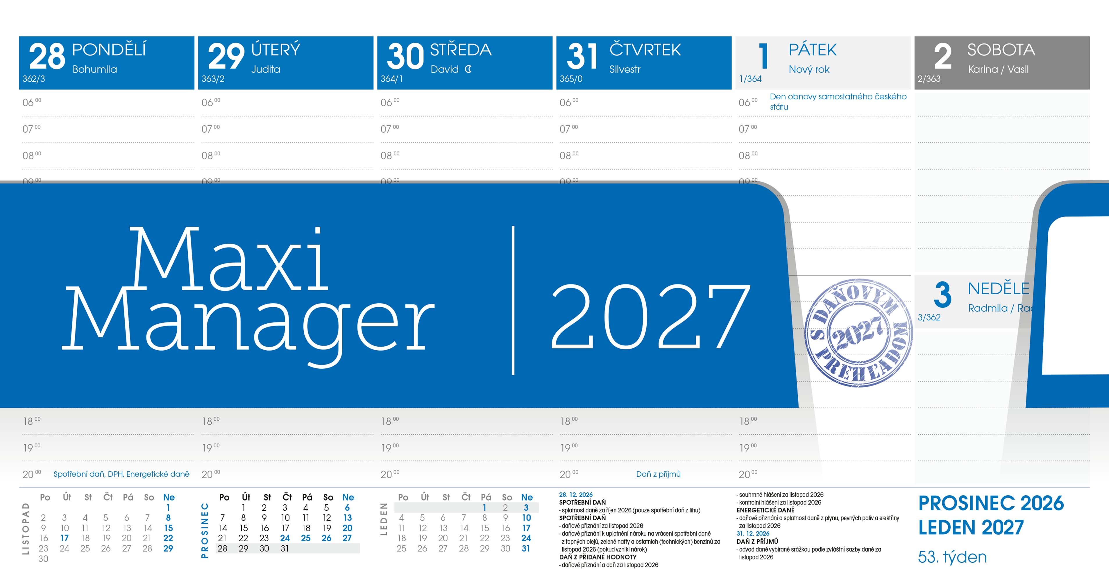 Stolní kalendář Maximanager 2027, modrý